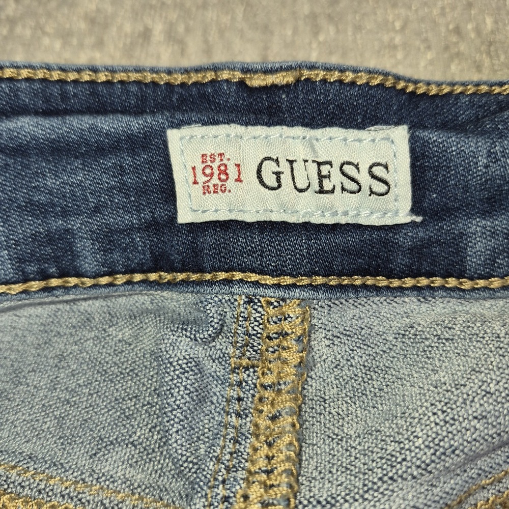 GUESS Denim Mini Skirt Large Blue Button Front Distressed Frayed Raw Hem Pockets - Picture 6 of 12